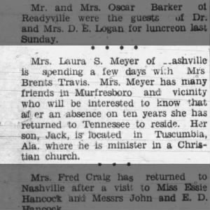 Laura S. Meyer visit to Smyrna Tennessee 1931